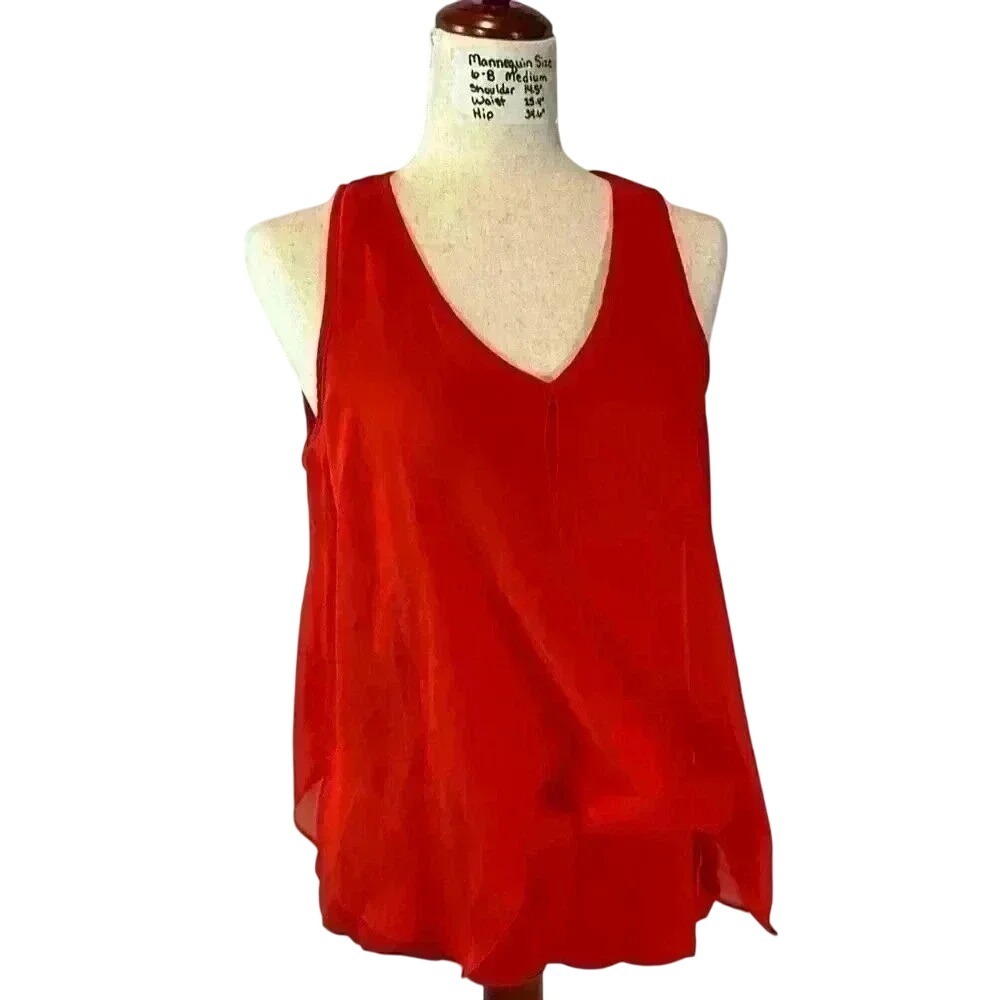 Red Sleeveless Chiffon Blouse V-Neck Tank Top Flowy Casual Layered‎